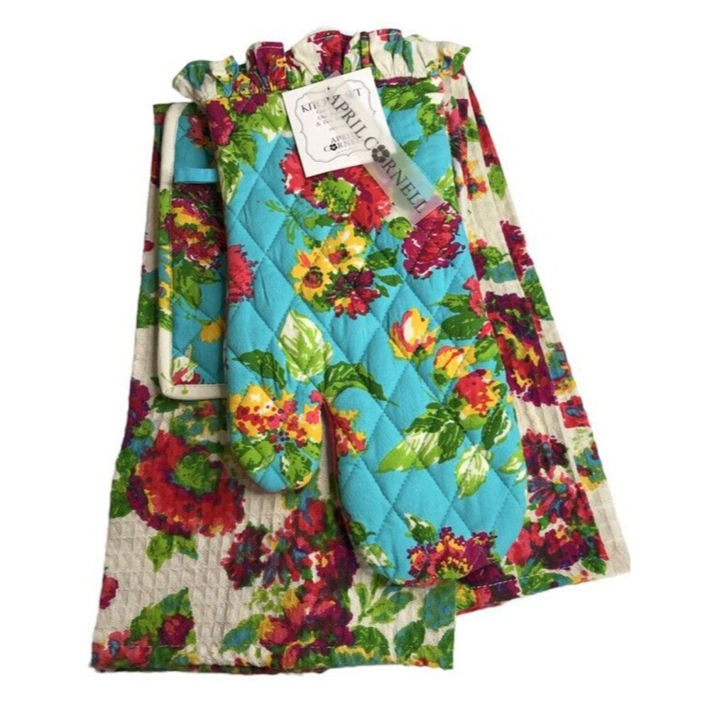 April Cornell 2 Kitchen Dish Towels Potholder Oven Mitt Floral Set of 4 Country